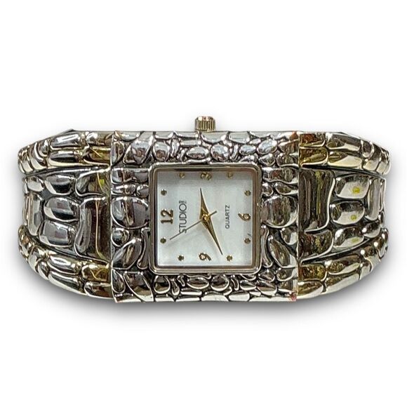 Y2K Vintage Quartz Two Tone Bezel Square Face Bangle Cuff Watch main image 10